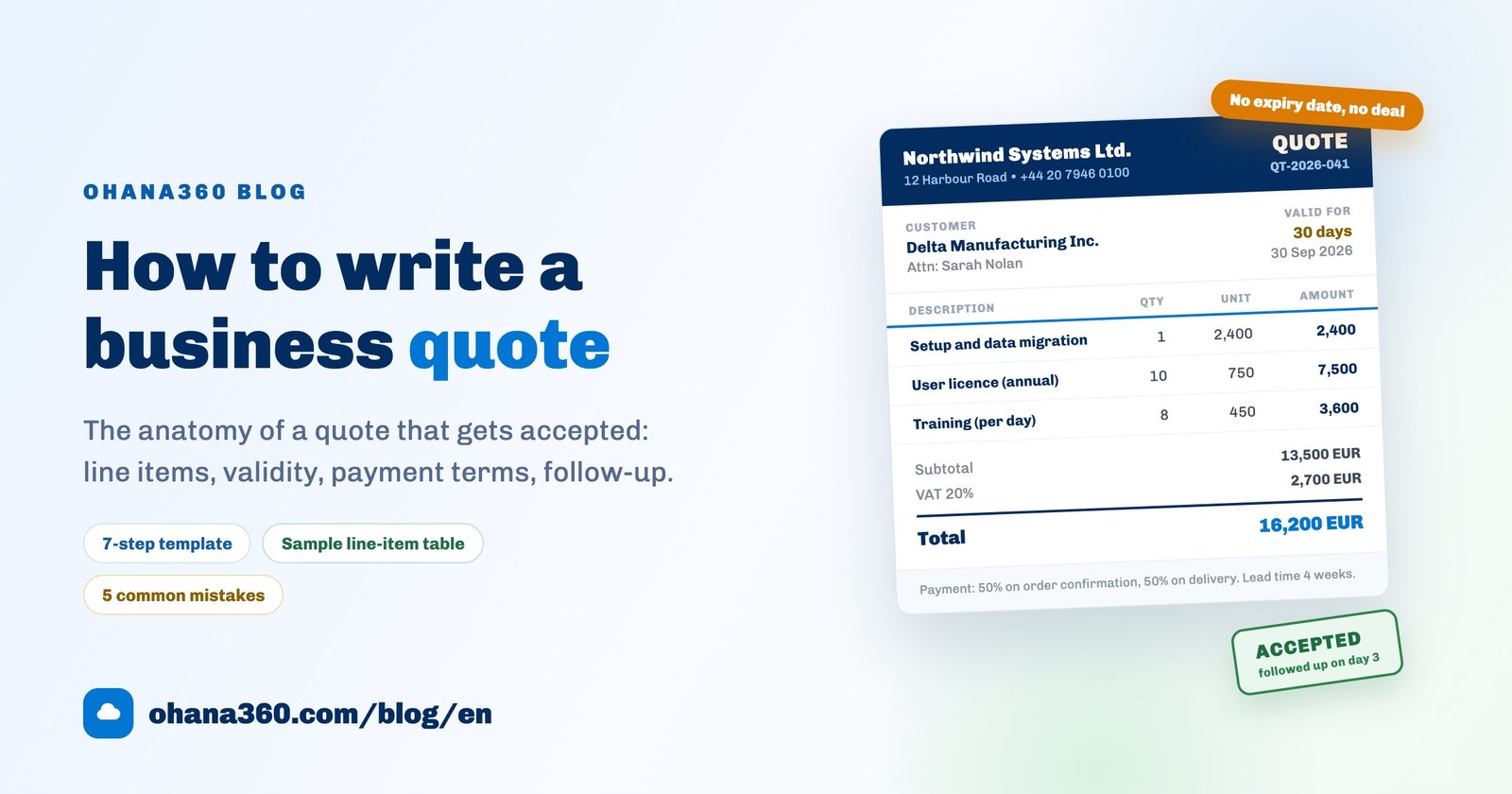 Illustration of a business quote document with line items, a validity badge and an accepted stamp
